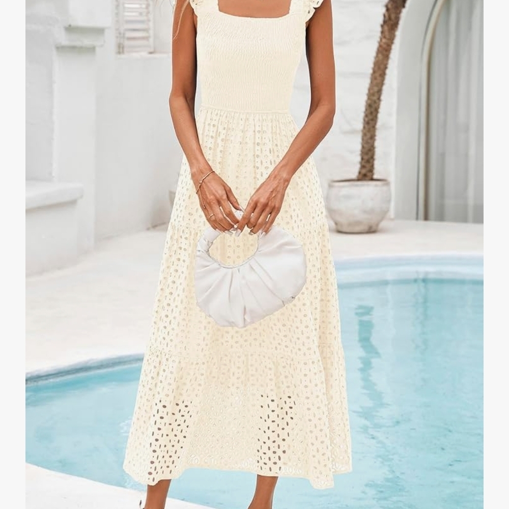 Cream Eyelet Maxi Dress with Square Neck and Ruffled Straps
